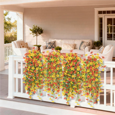 INQCMY outdoor silk daisies in planters for porch and balcony decor.