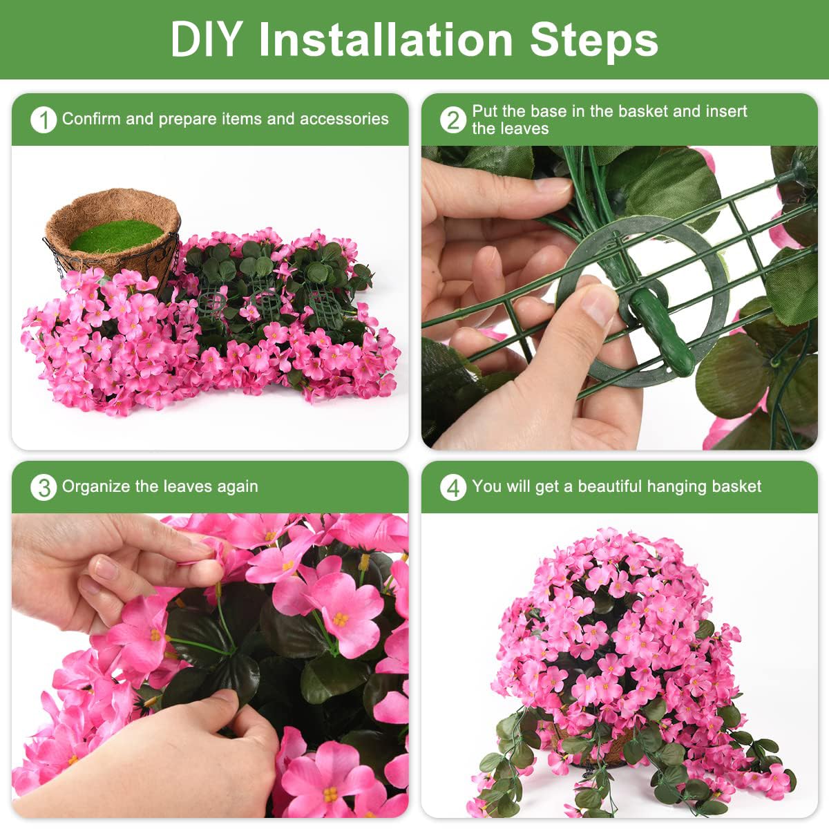 INQCMY packaging shows silk flower basket ready to install