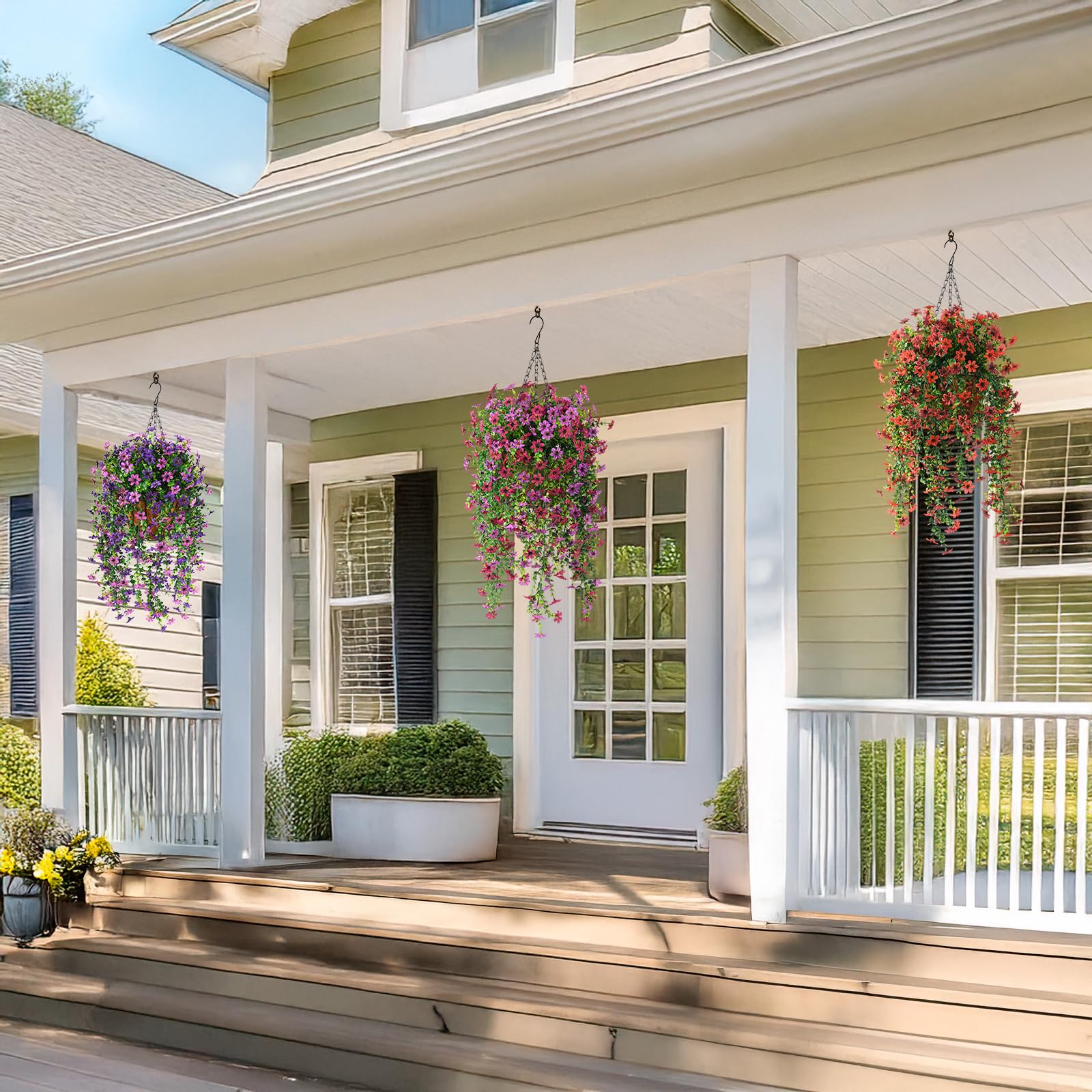 INQCMY planters and porches enhanced with welcoming faux florals.