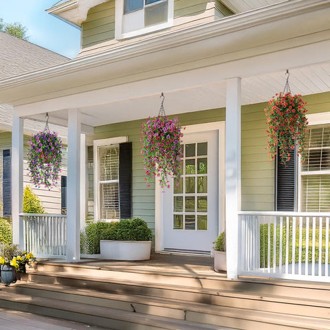 INQCMY planters and porches enhanced with welcoming faux florals.
