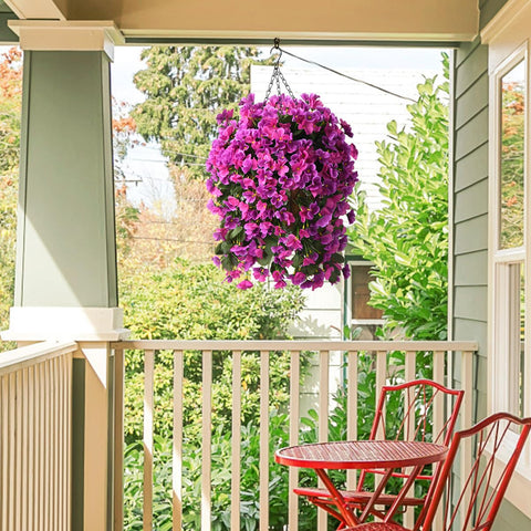 INQCMY ten-inch coconut lining hanging basket highlights included base for durable outdoor display.