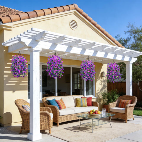 INQCMY three-basket porch arrangement shown on a railing setup