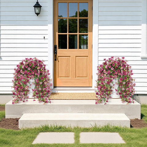 INQCMY two-pack faux flowers for outdoor spaces with color.