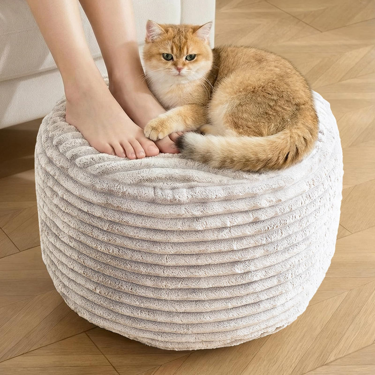 INSPIRE CRAFTER round pouf ottoman beige corduroy with soft seating