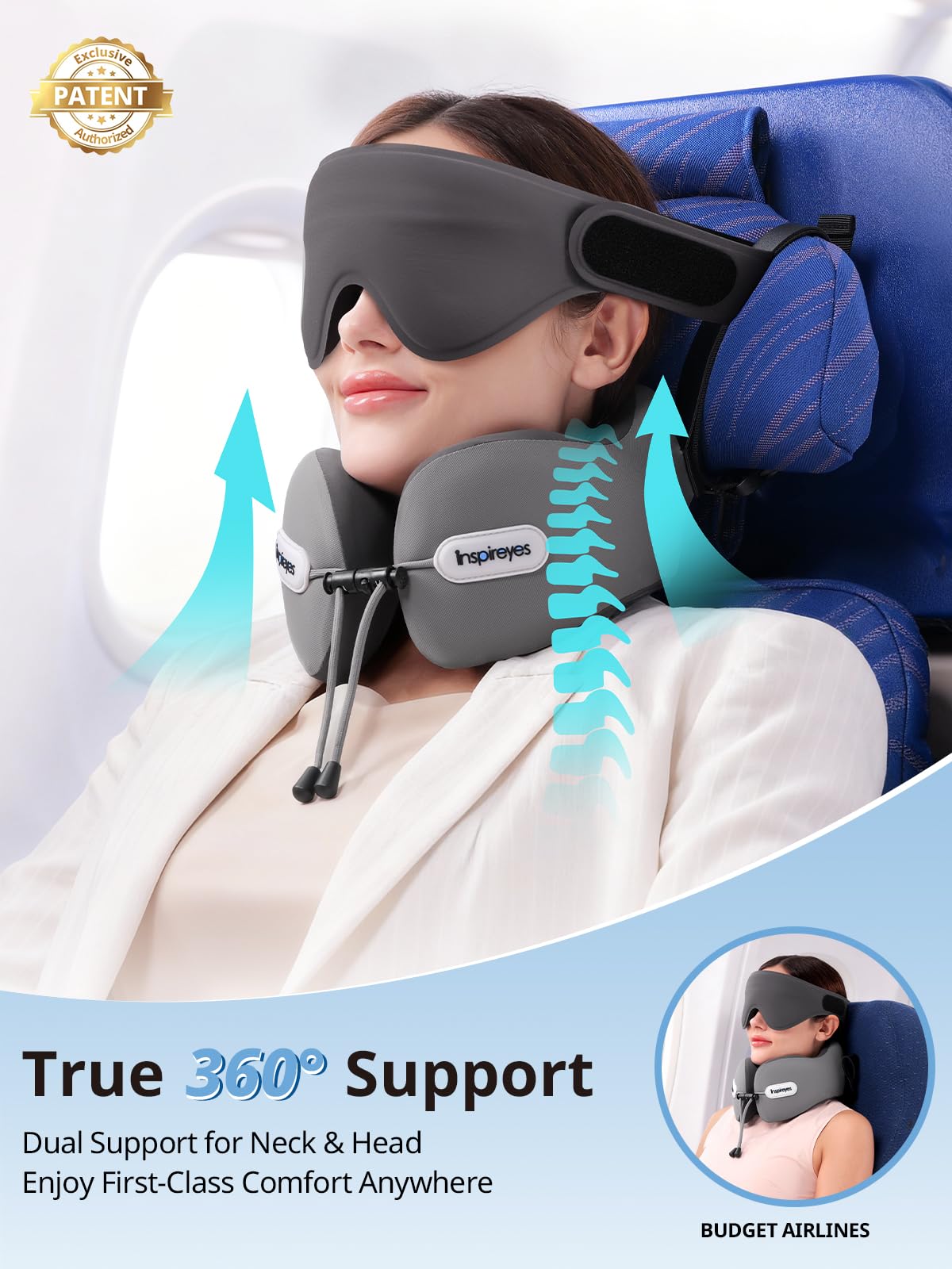 Inspireyes neck pillow showcases a dual-density foam core for durable neck support.