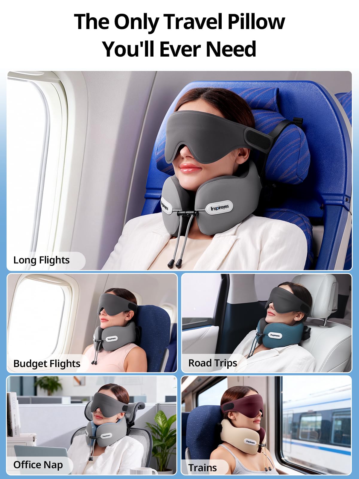 Inspireyes travel pillow ideal for long flights and road trips.