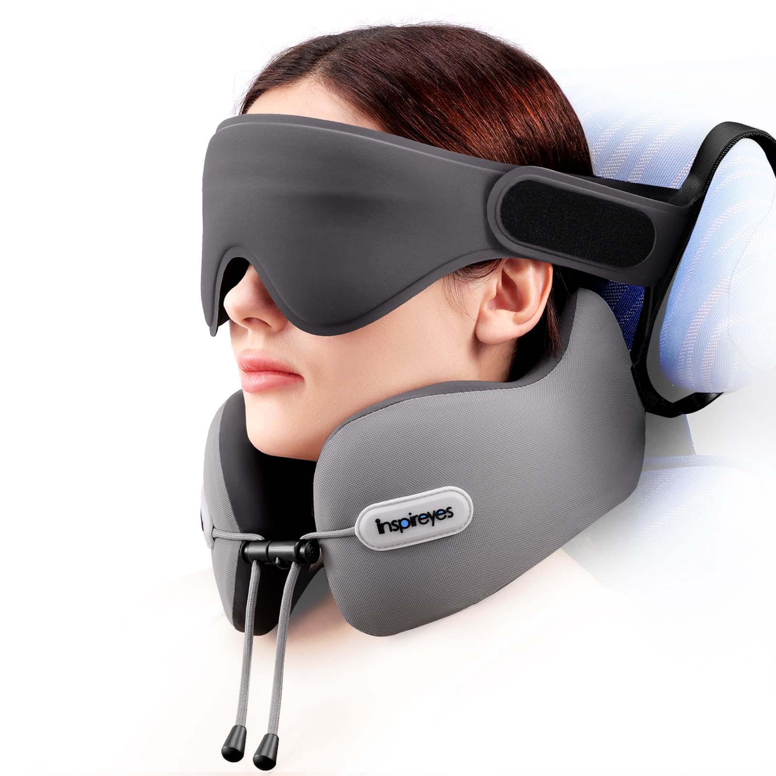 Inspireyes neck pillow with seat-strap attachment for steady sleep on planes and trains.