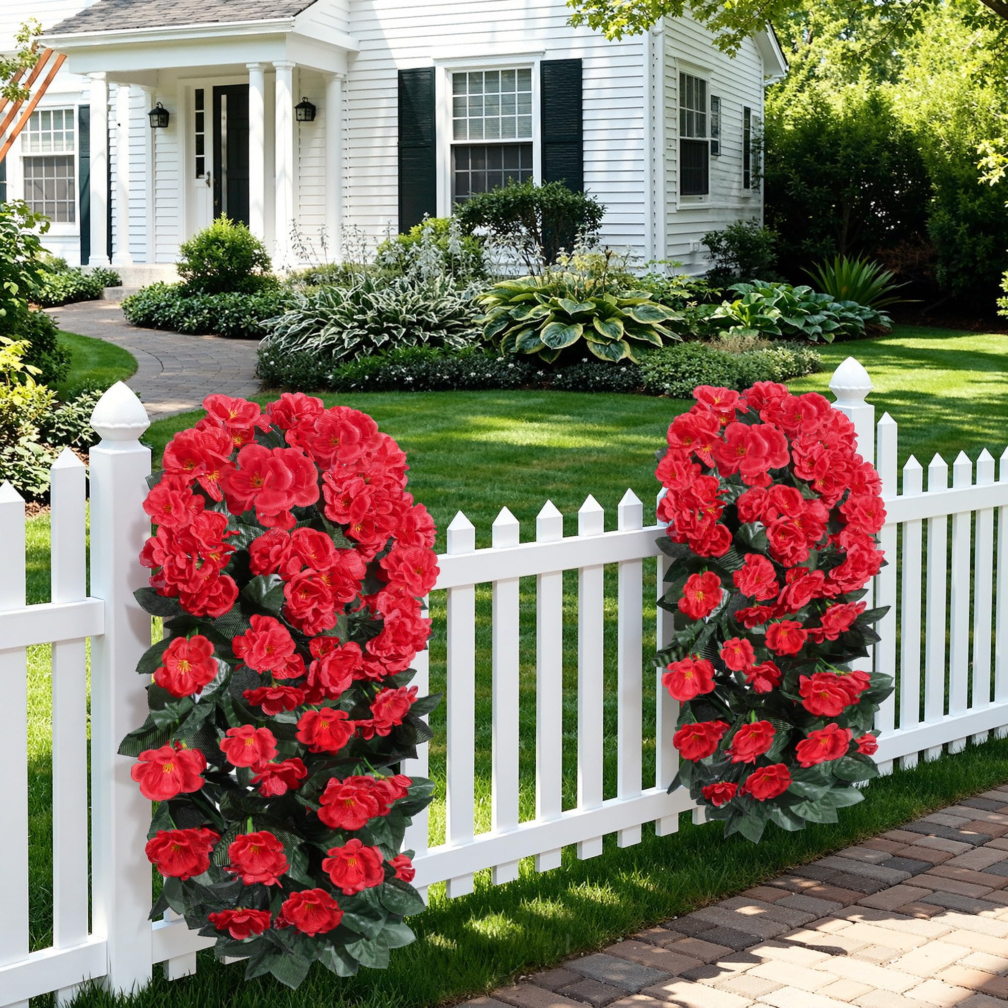 INSPRING porch garden decor with faux geraniums that stay vibrant year-round.