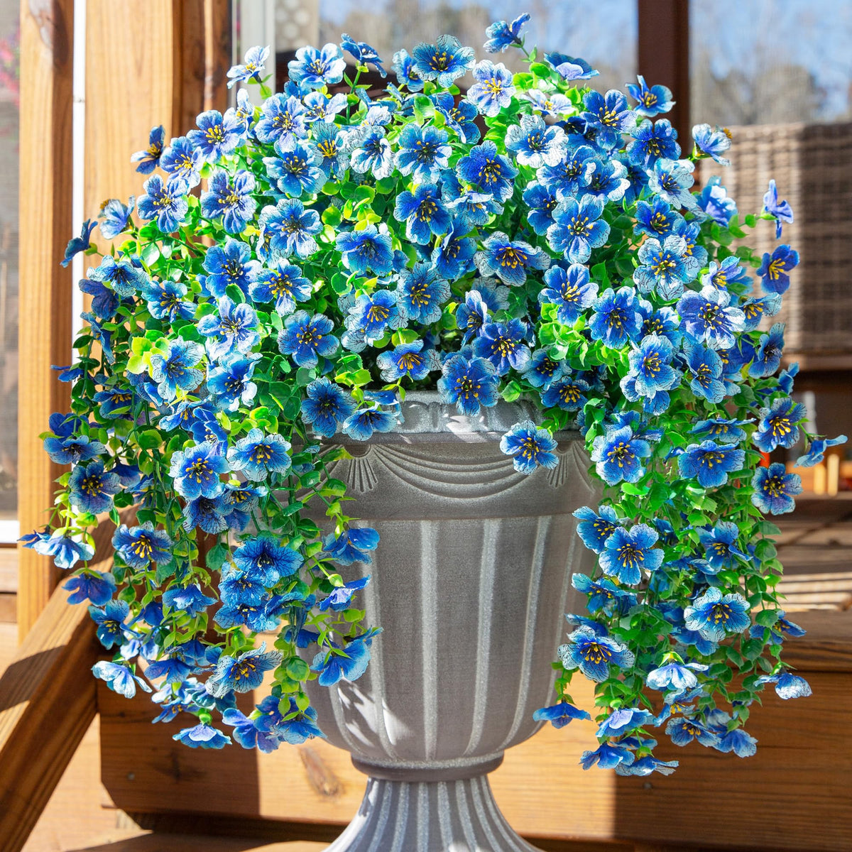 INSPRING artificial violets with eucalyptus trailing vines two-pack front view for porch decor