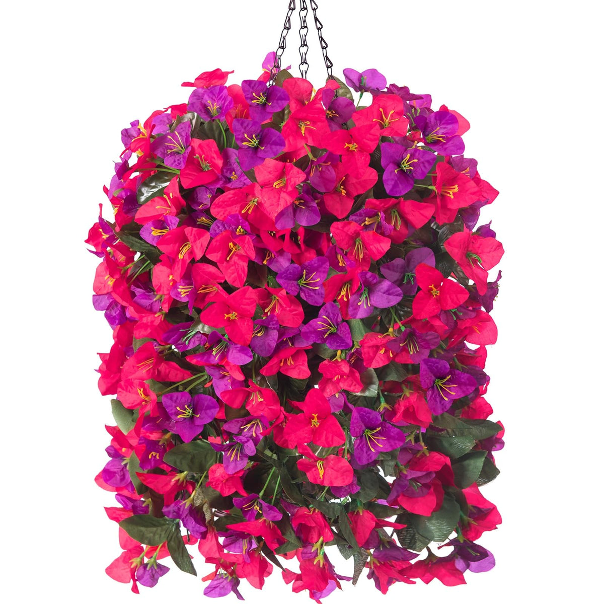 INSPRING bougainvillea hanging basket close-up shows lifelike silk petals and vibrant color.