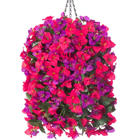 INSPRING bougainvillea hanging basket close-up shows lifelike silk petals and vibrant color.