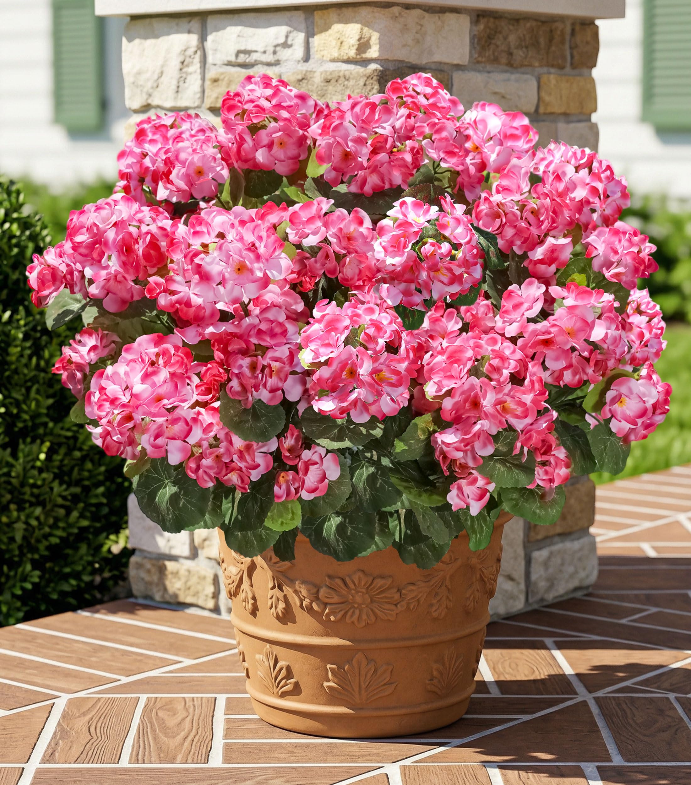 INSPRING fake geraniums six-bundle pink display for outdoor planters stays vibrant year-round.