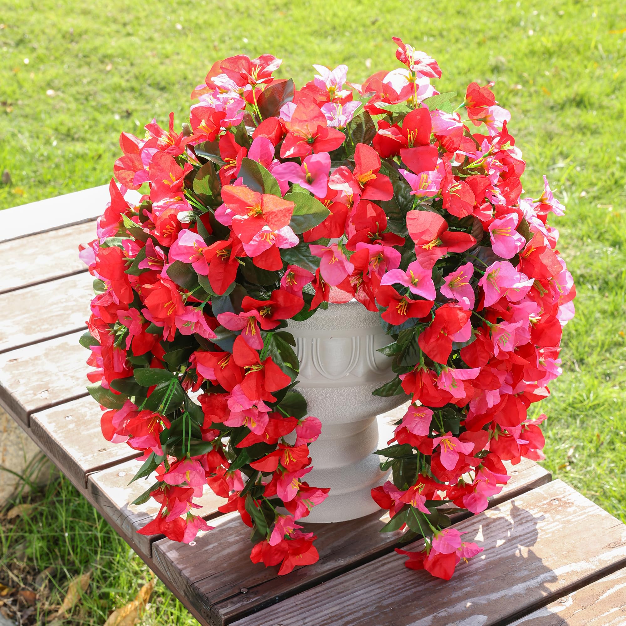INSPRING faux bougainvillea hanging vines showcased on a front door display