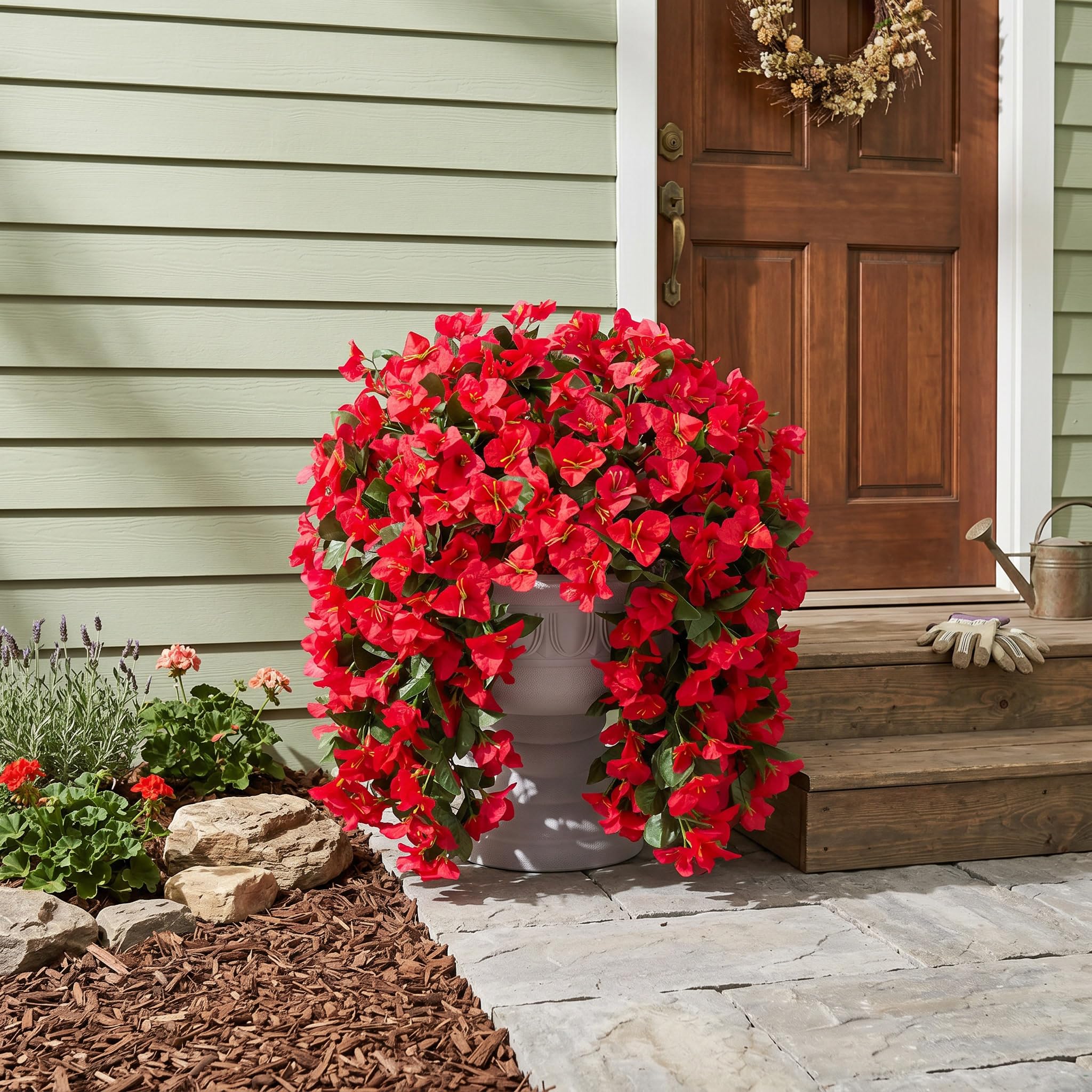 INSPRING faux bougainvillea trailing vine in a planter for outdoor curb appeal