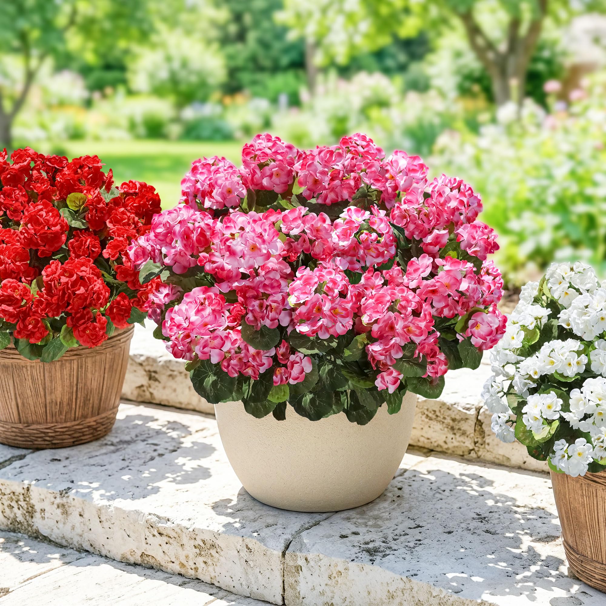 INSPRING handcrafted realistic geraniums brighten porches without watering.