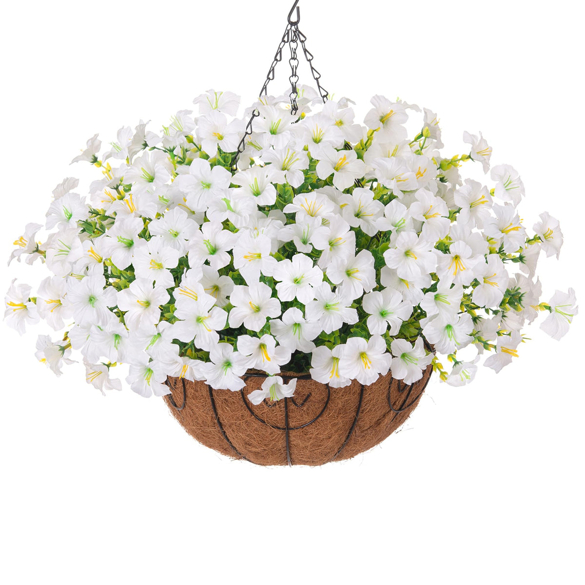 INSPRING outdoor hanging flowers basket with petunias and eucalyptus enhances curb appeal
