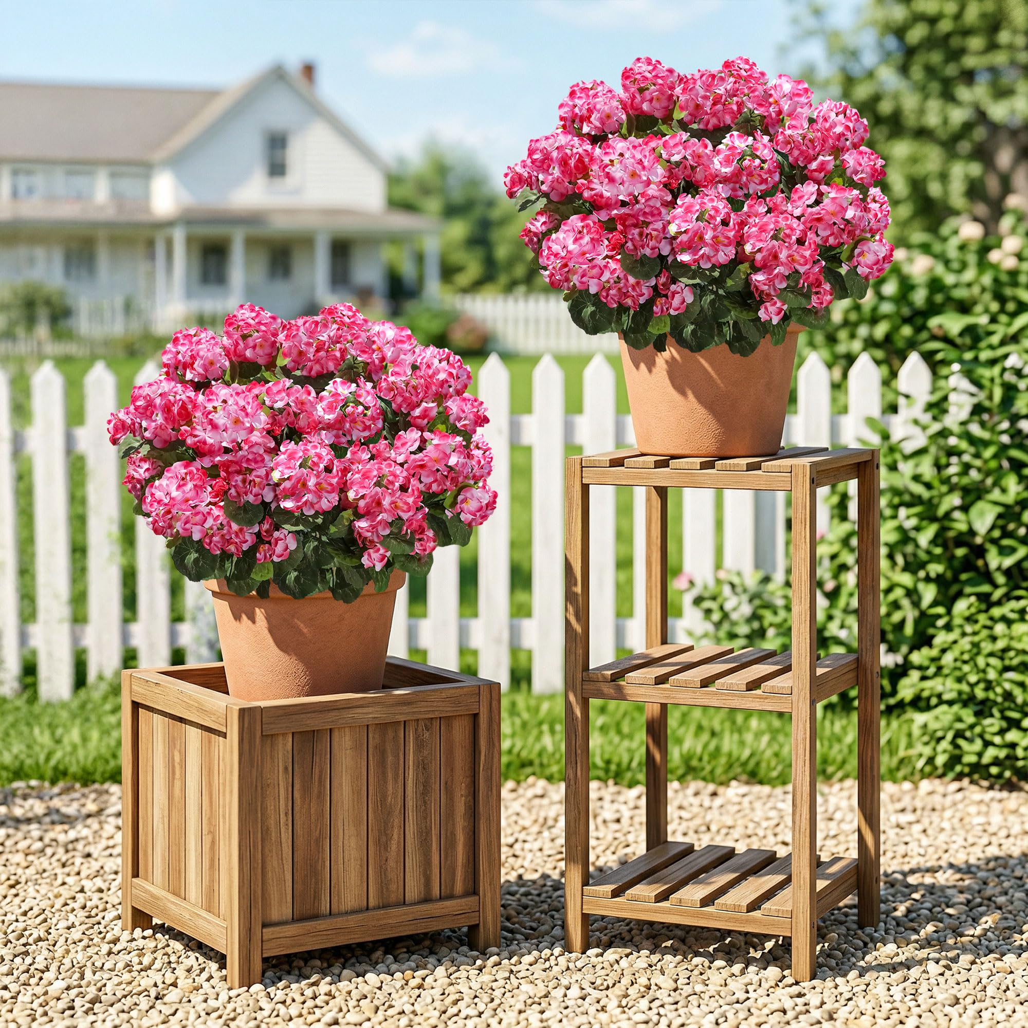INSPRING realistic pink geraniums enhance window boxes with evergreen color.