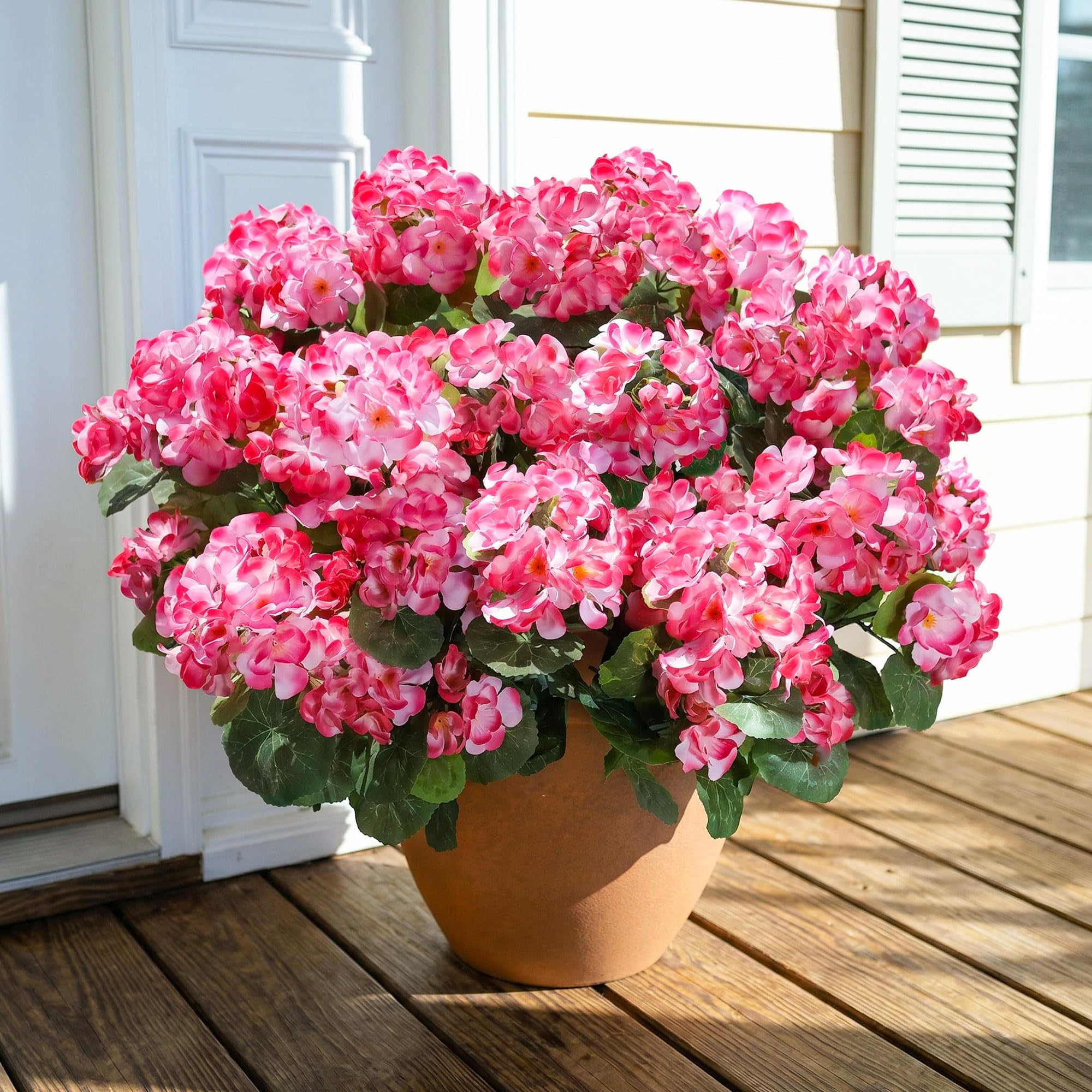 INSPRING all-weather geraniums attract attention in outdoor containers.