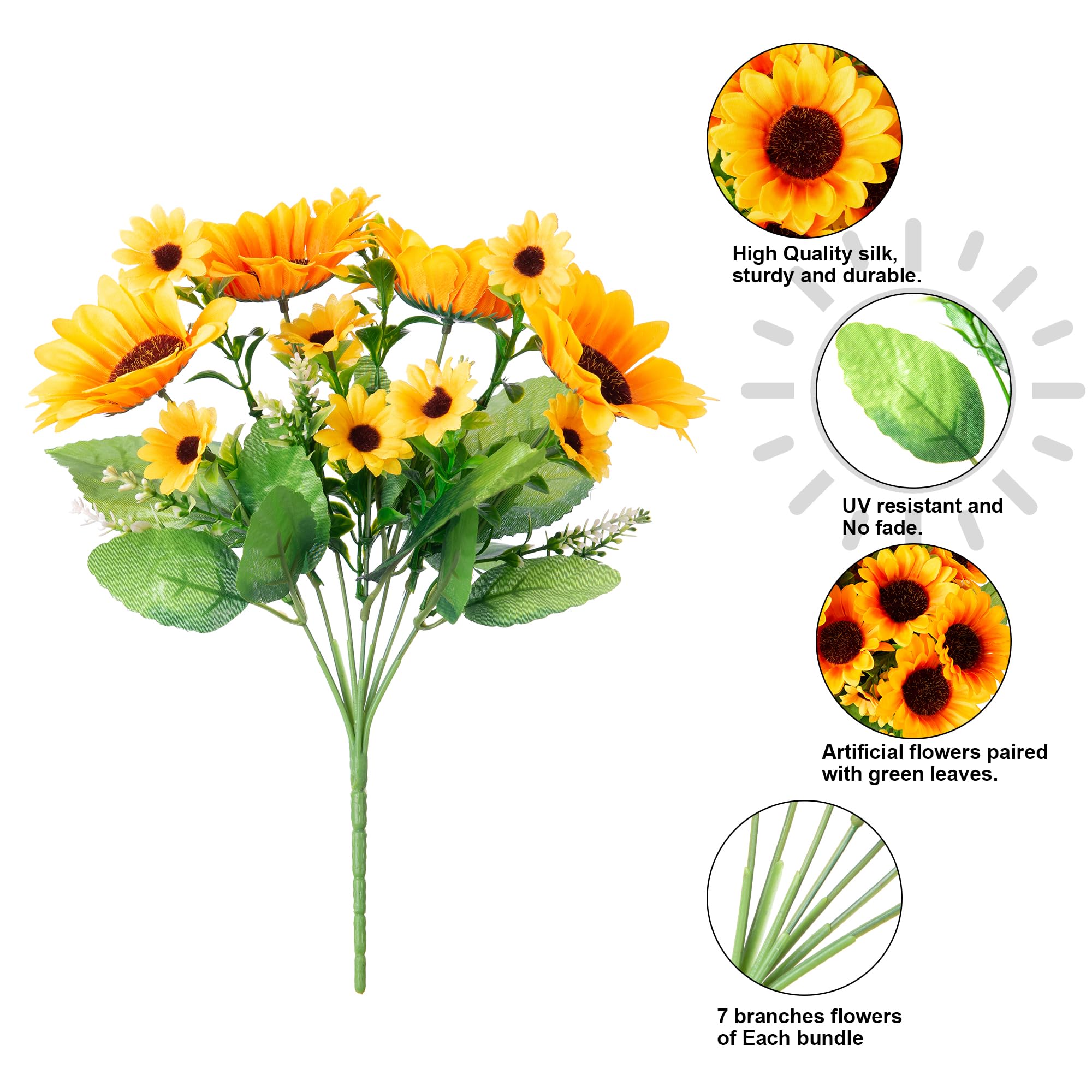 INSPRING sunflowers feature a 9-inch wide cluster and lifelike leaves.