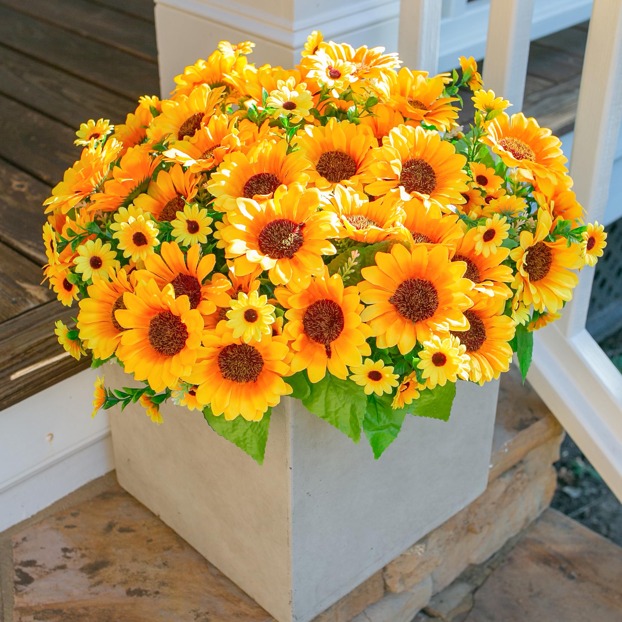 INSPRING UV-resistant sunflowers preserve color in outdoor decor.