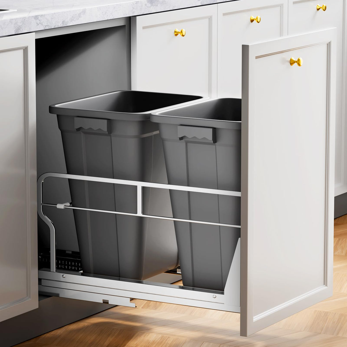 Insputer two-bins under-cabinet trash can with soft-close operation