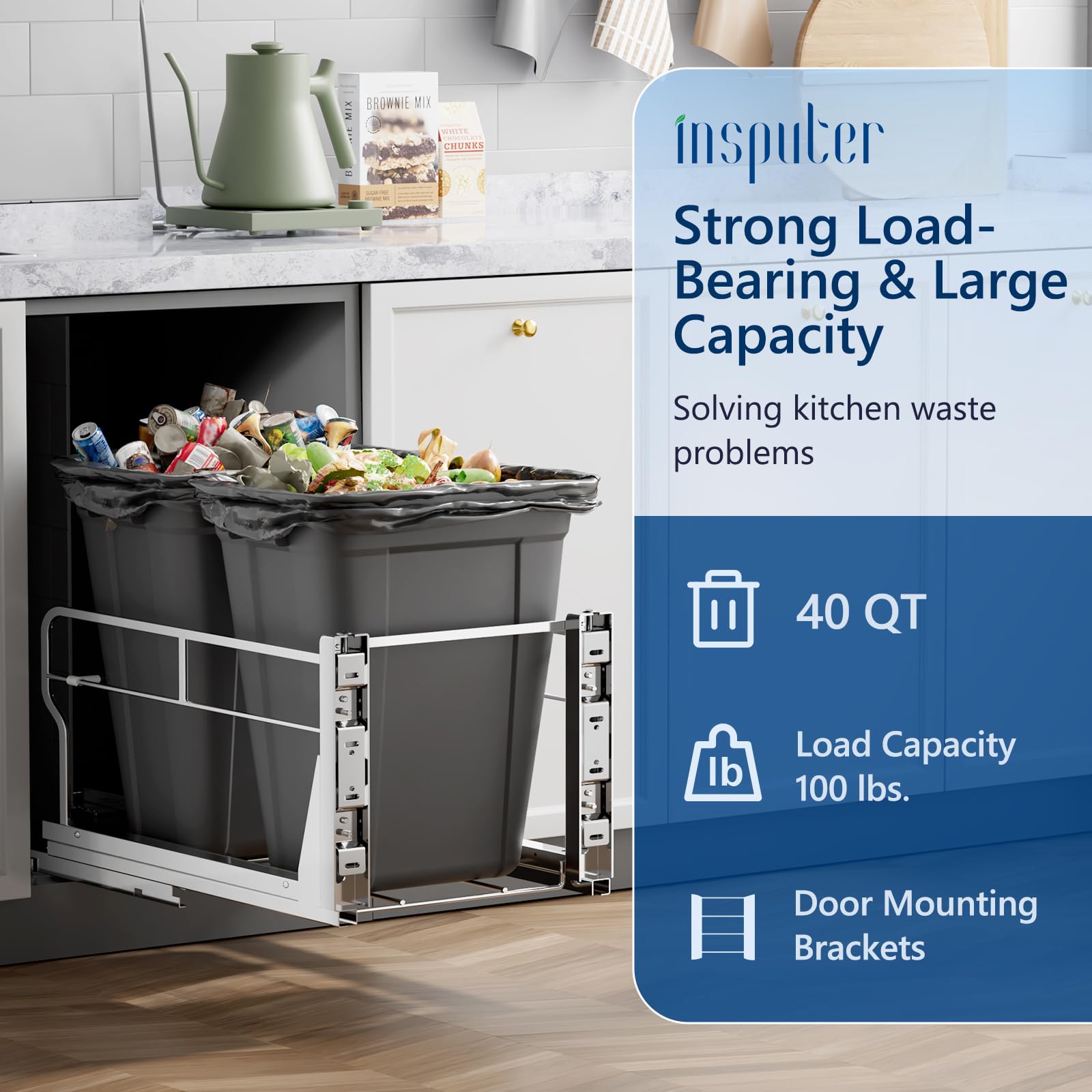 Insputer under-sink trash can with quiet soft-close slides