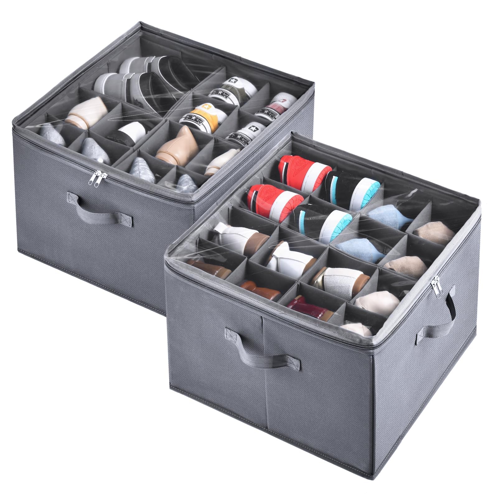 INSTY 2-pack shoe organizer in closet with clear lid for quick access and dust protection.
