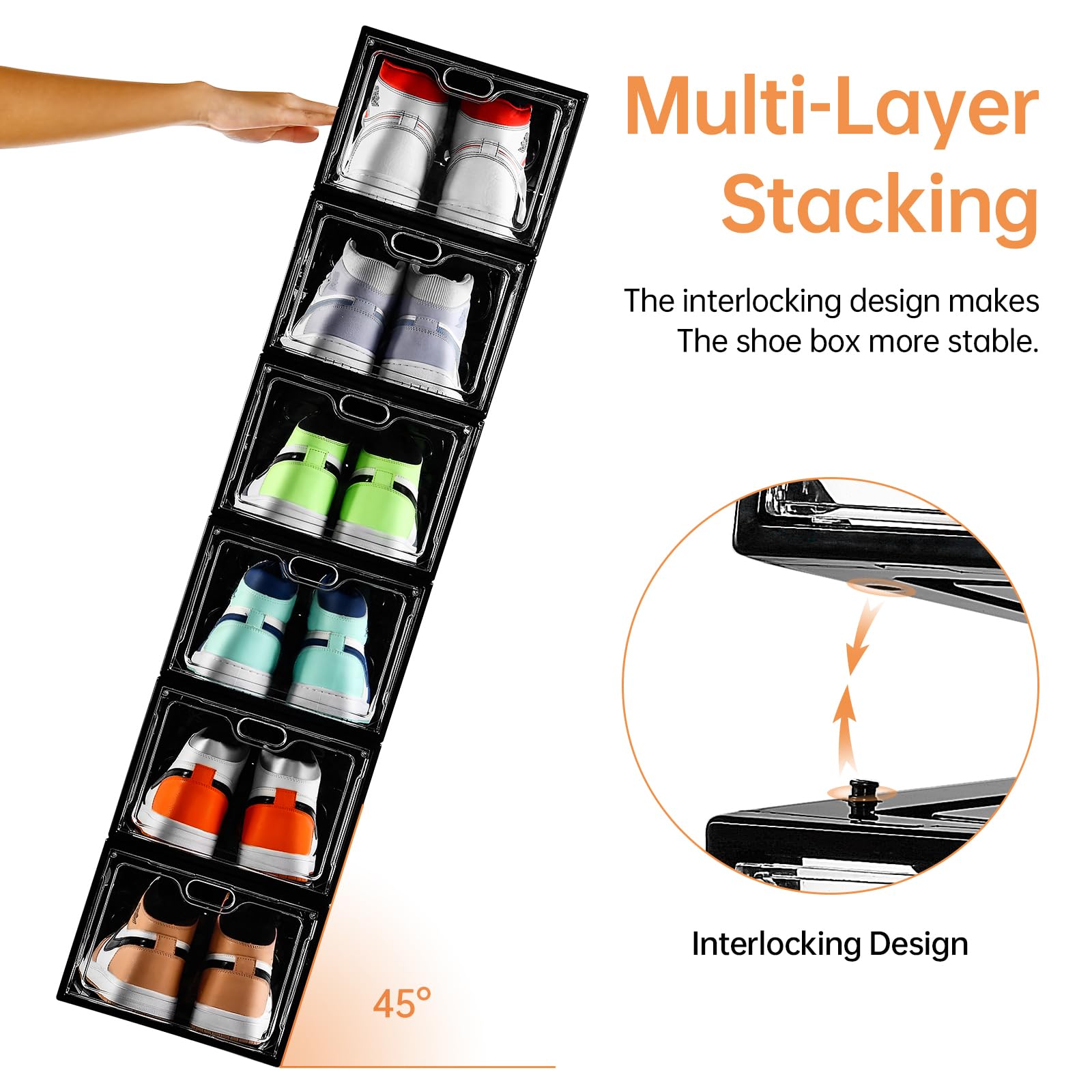 INSTY clear boxes display footwear while protecting from dust.