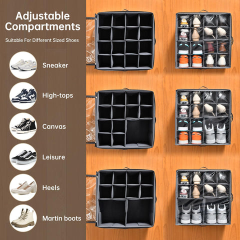 INSTY fabric bin with clear cover provides dust-free, breathable storage for footwear.
