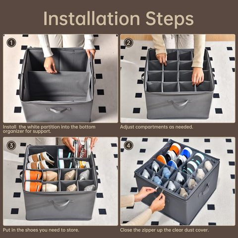 INSTY grey shoe bin blends with bedroom decor while organizing footwear.