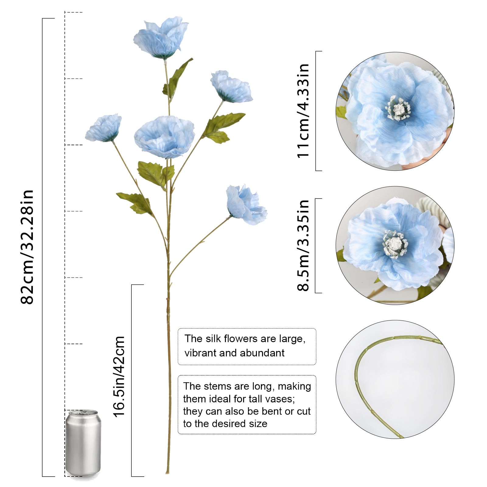 INSUNSIX blue poppy stems pack shown bent packaging that straightens easily