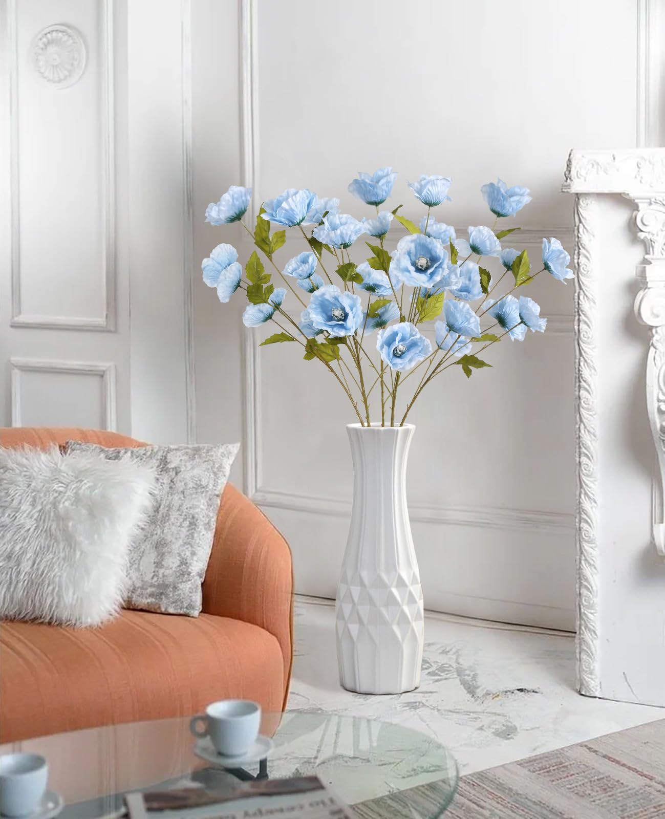INSUNSIX blue poppy arrangement on table demonstrating maintenance-free beauty