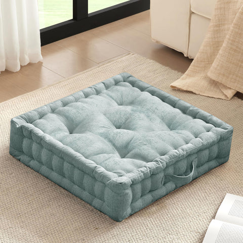 Intelligent Design Azza aqua floor cushion with lustrous chenille for meditation comfort.