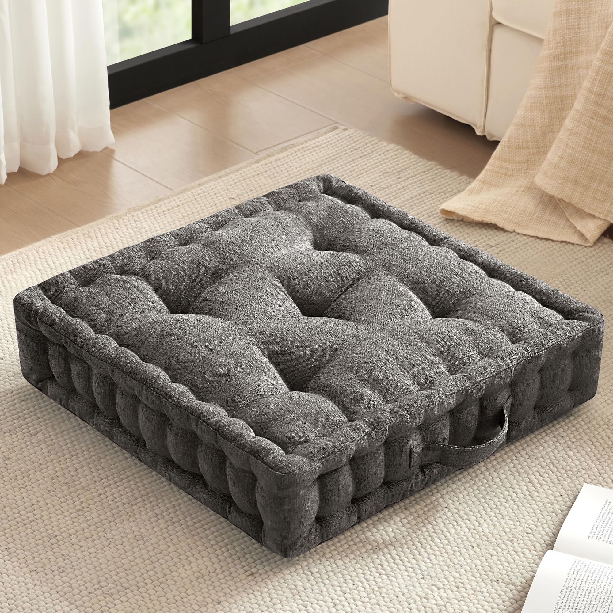 Intelligent Design Azza floor pillow in charcoal, front view for meditation comfort.