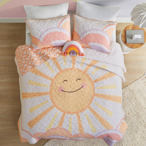 Intelligent Design Kids twin quilt sun and clouds reversible design adds cheerful style.