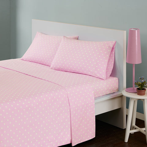 Intelligent Design polka-dot fitted sheet pink, snug elastic edge fits up to 14 inches.