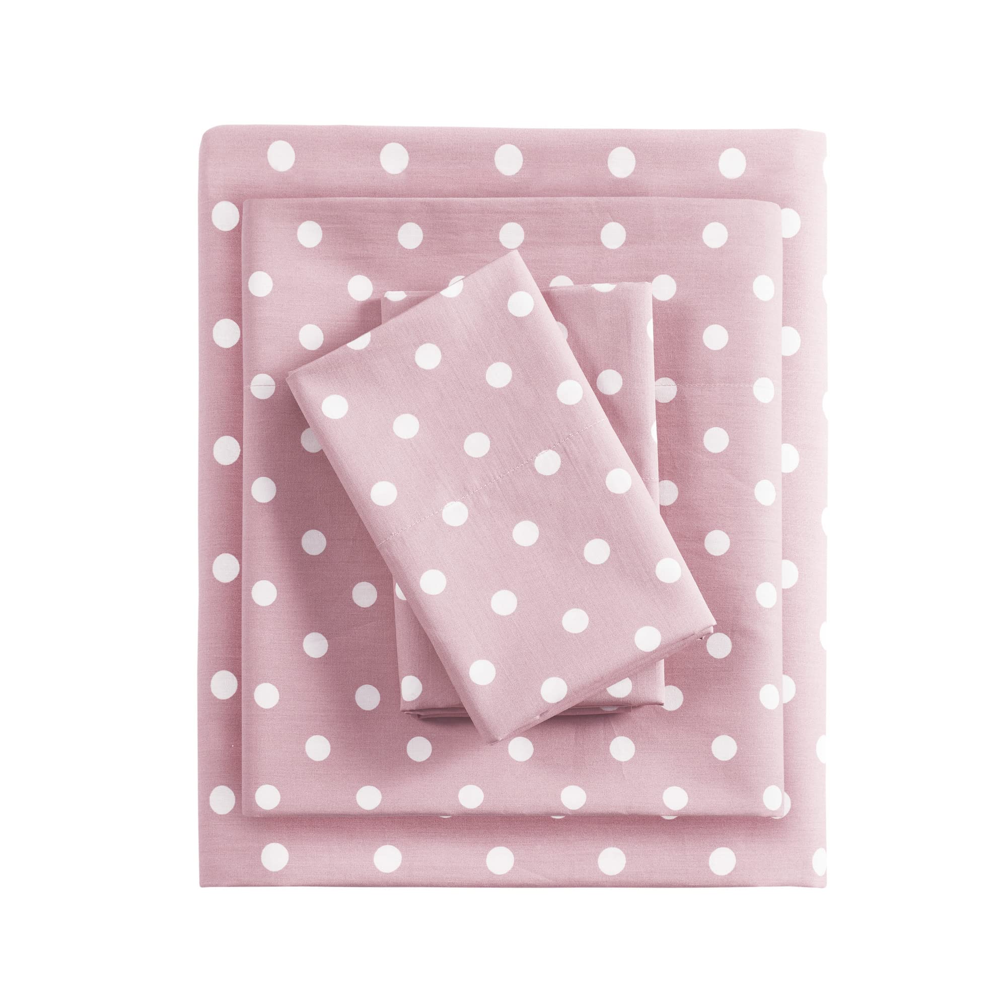 Intelligent Design polka-dot flat sheet in pink, soft cotton percale for all-season comfort.