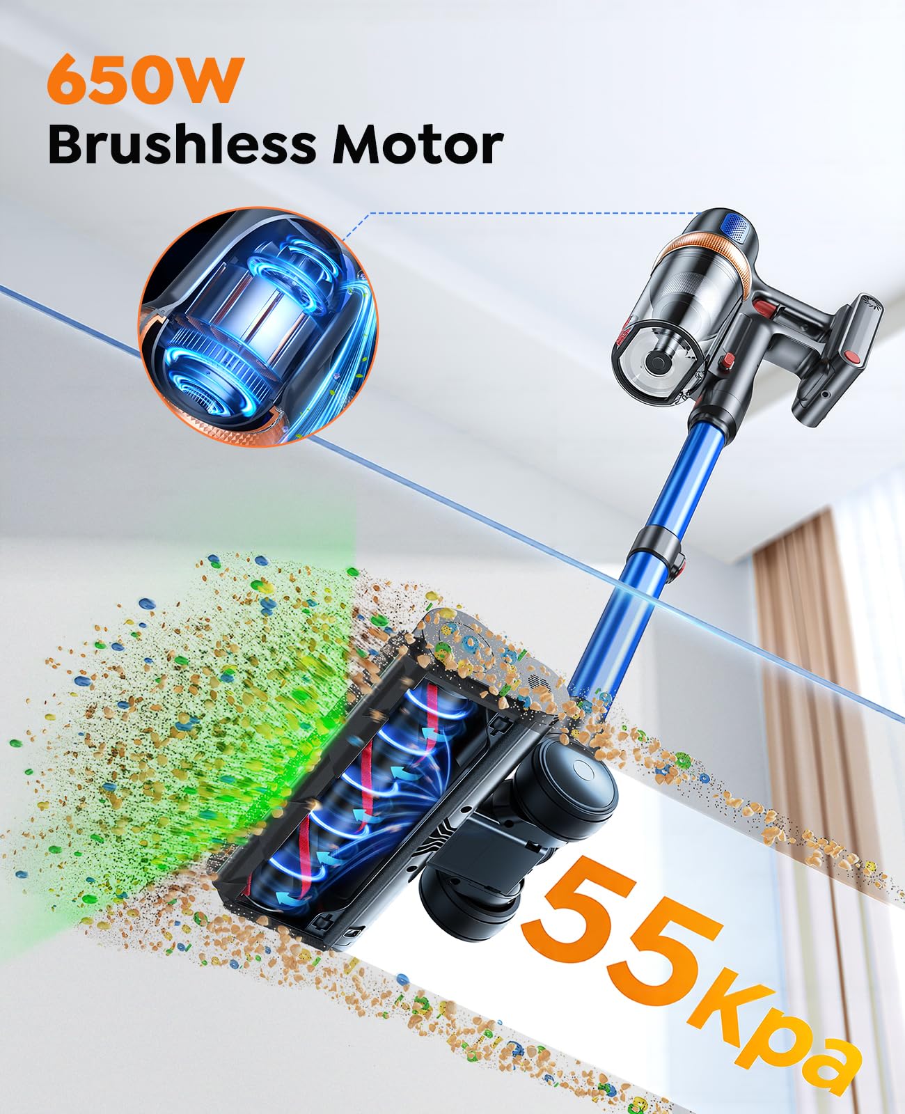 INTETURE achieves up to 55KPa max suction for dust and pet hair.