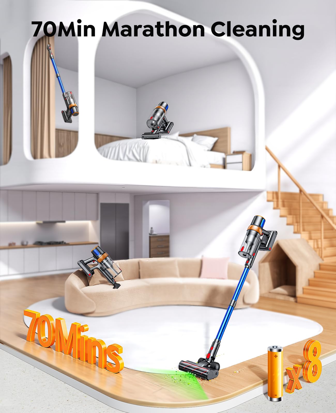 INTETURE provides 70-minute runtime on ECO mode for large-area cleaning.