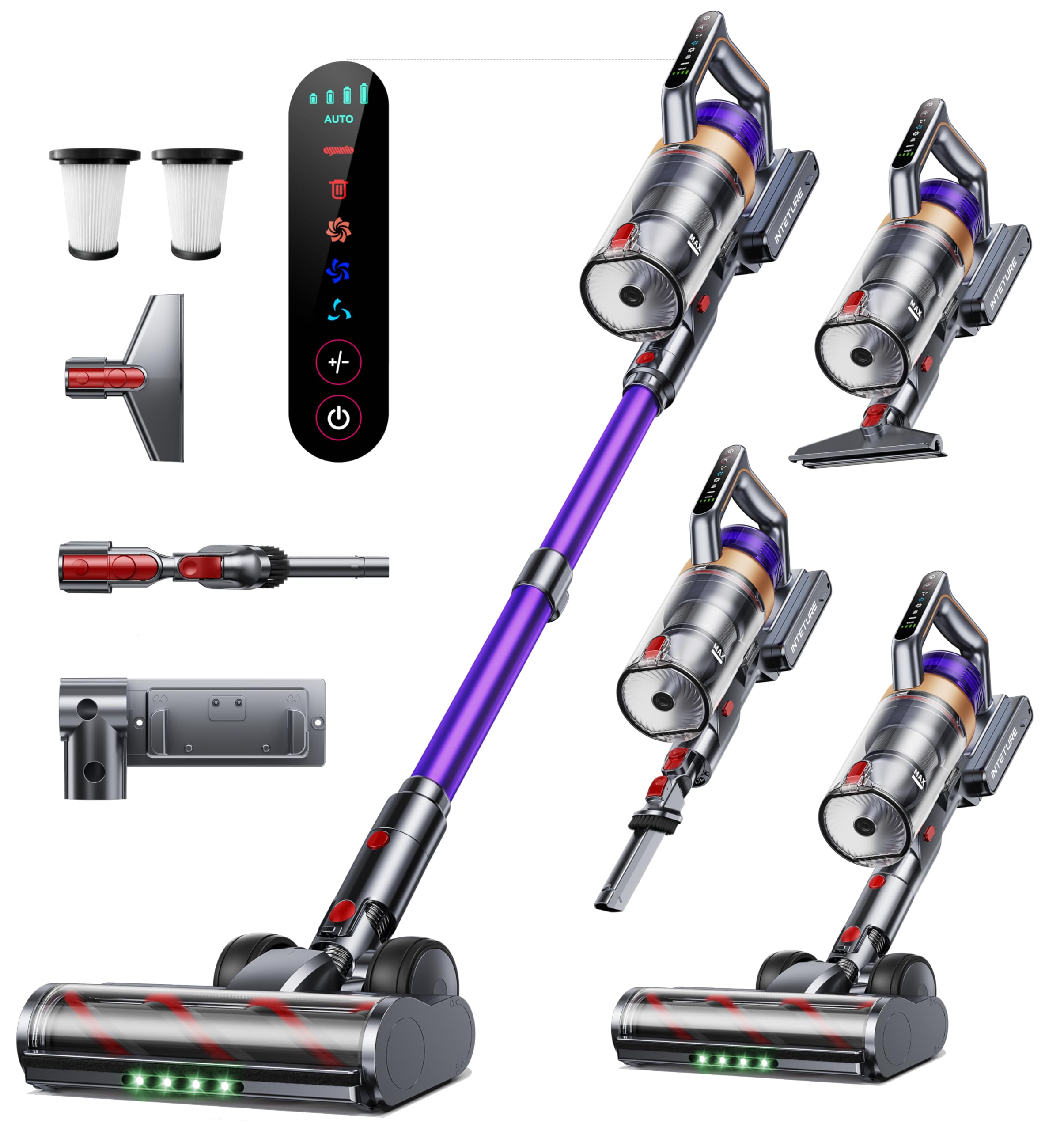 INTETURE cordless vacuum main unit angled view highlights powerful 650W suction for deep cleaning.