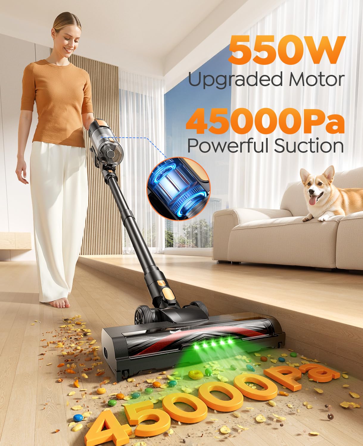 INTETURE cordless vacuum head with green LED headlights revealing hidden dust