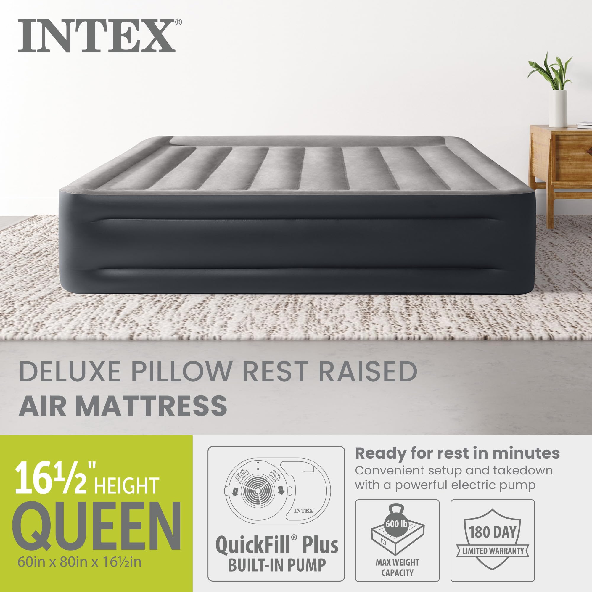 Intex 64135ED queen-size mattress at 16-5 inch height for easy access.