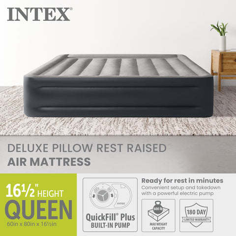 Intex 64135ED queen-size mattress at 16-5 inch height for easy access.