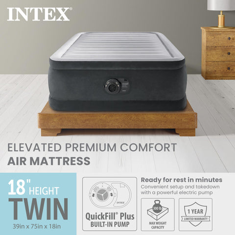 Intex built-in pump image highlighting fast inflation for guests or camping.