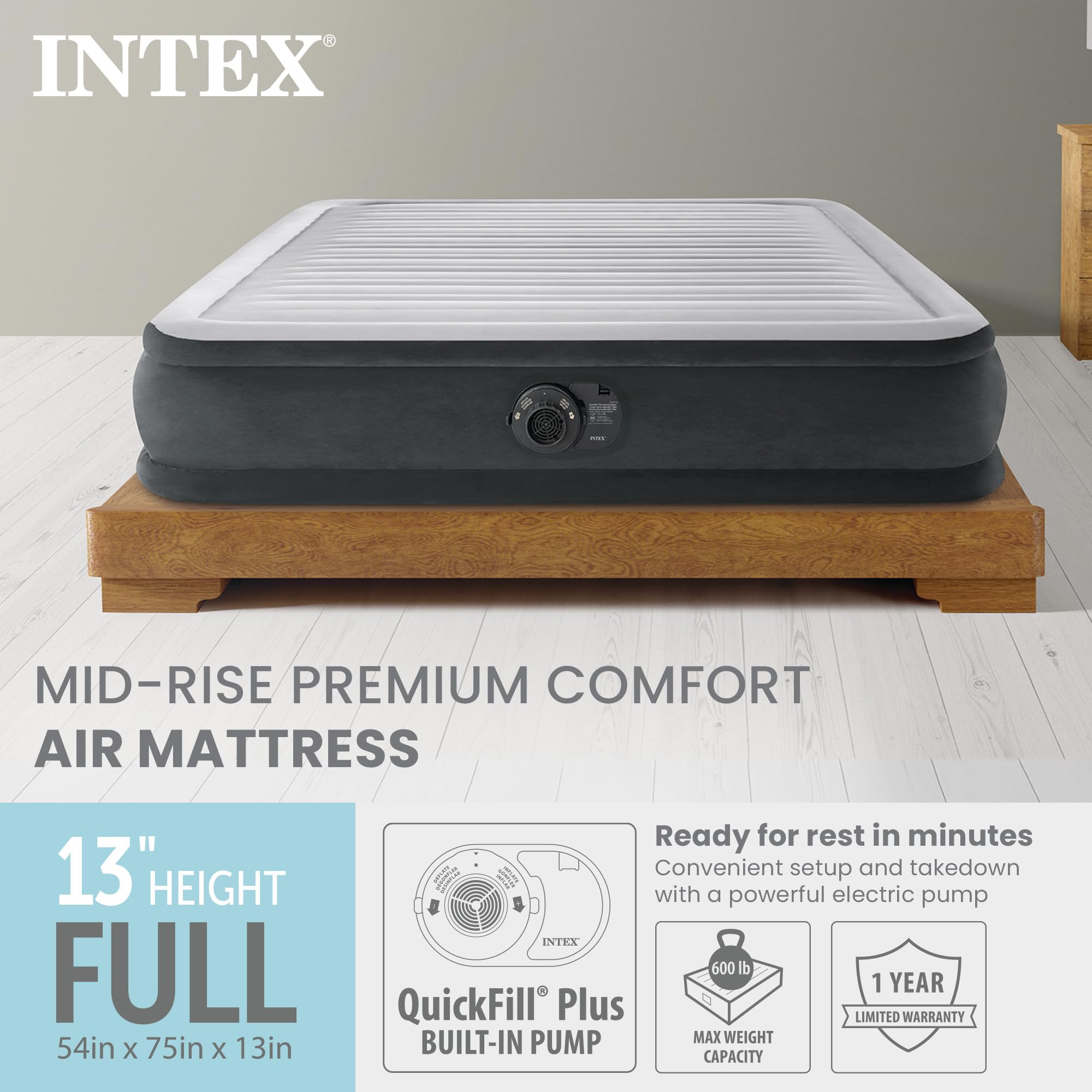 Intex Dura-Beam deluxe comfort plush top provides a velvety surface and durable feel.