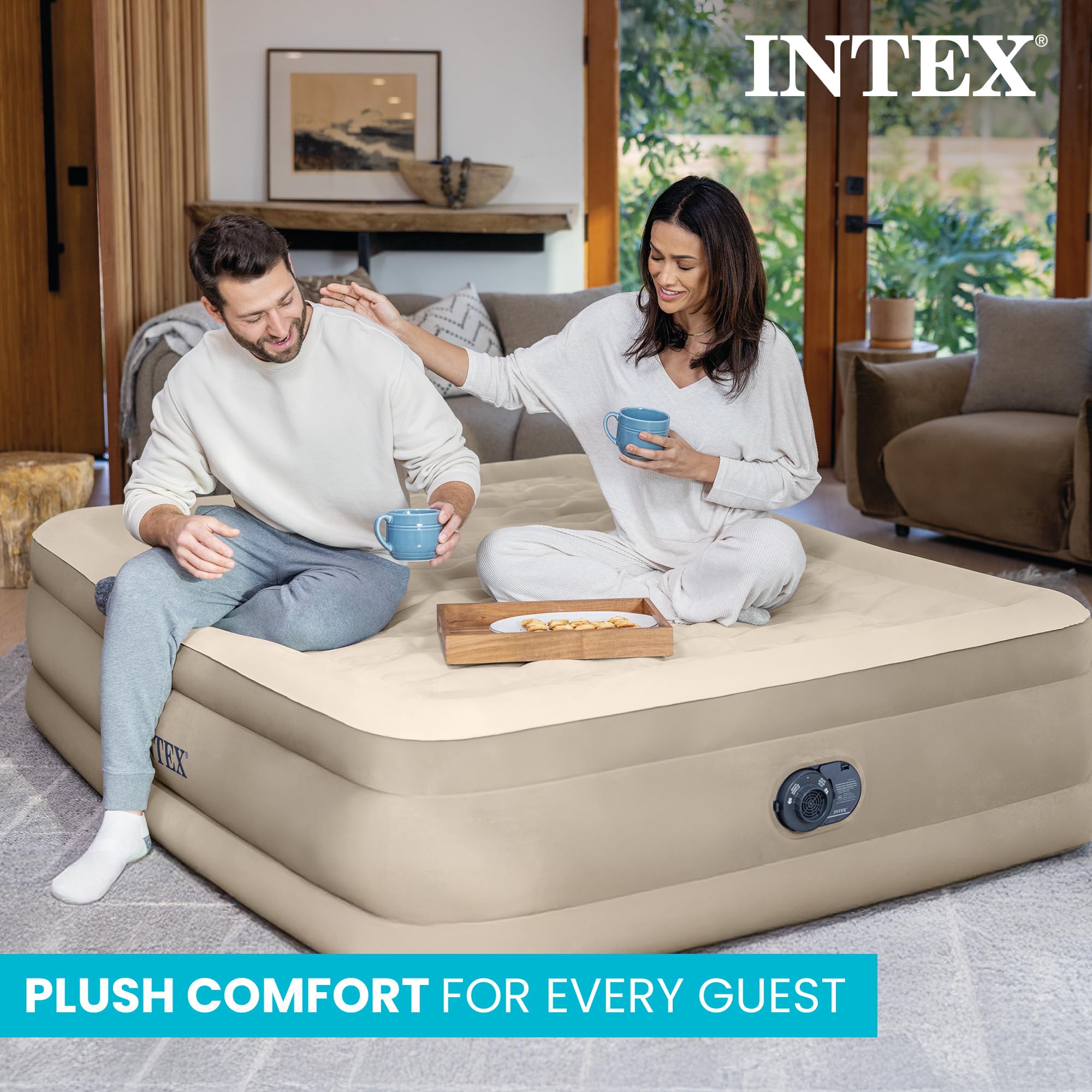 Intex Dura-Beam Deluxe Ultra Plush air mattress shows 18-inch height for elevated comfort