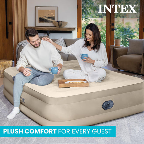 Intex Dura-Beam Deluxe Ultra Plush air mattress shows 18-inch height for elevated comfort