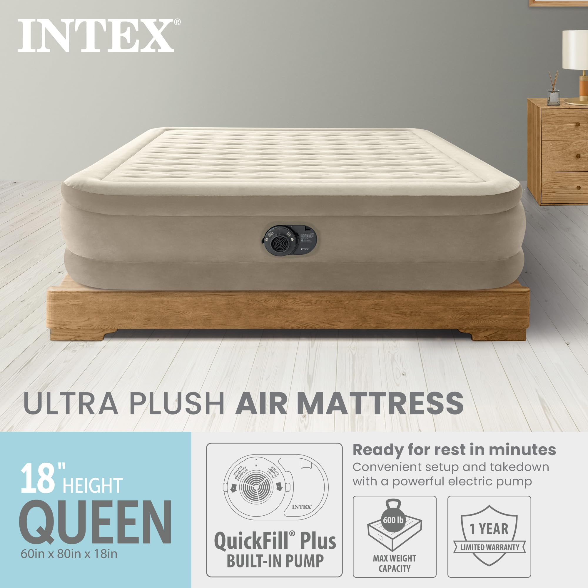 Intex Dura-Beam Deluxe Ultra Plush air mattress built-in pump enables quick inflation