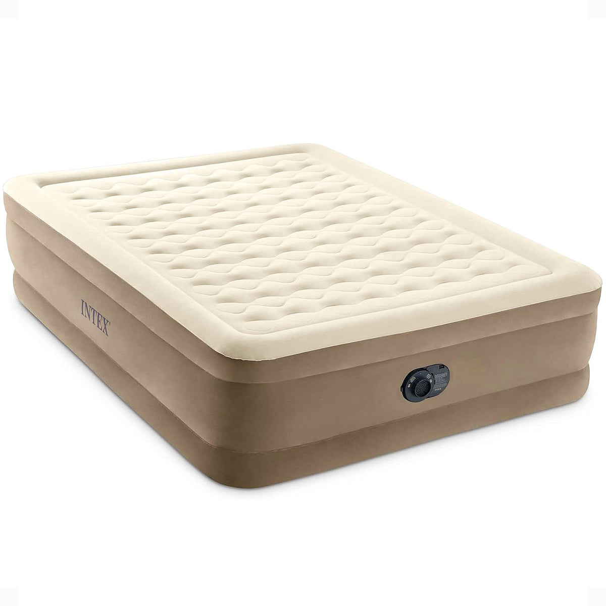 Intex Dura-Beam Deluxe Ultra Plush air mattress front view demonstrates generous queen setup for guests