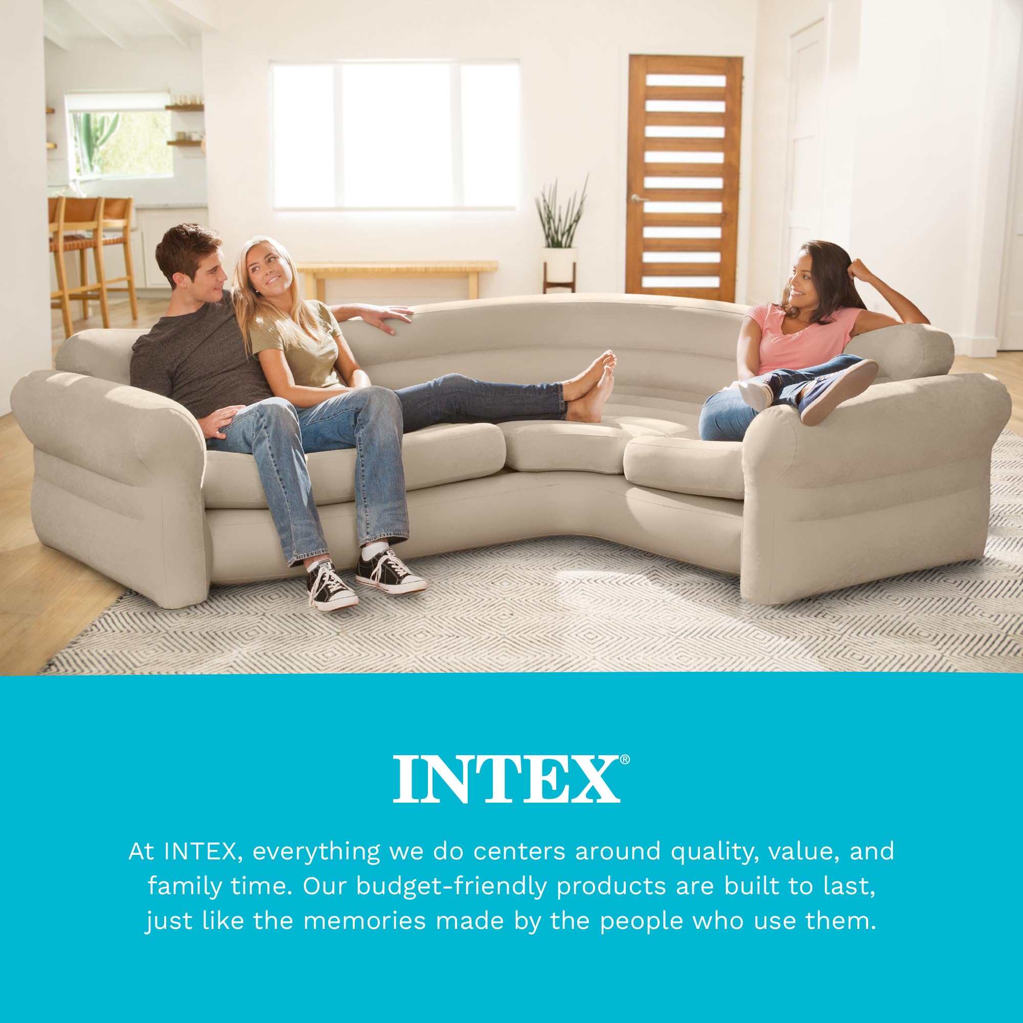 Intex inflatable corner sofa inflation closeup highlights sturdy valve design